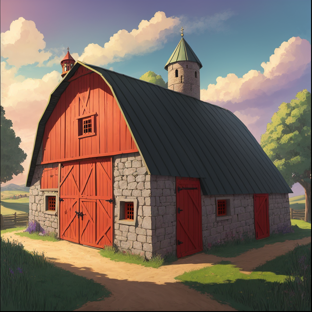 A picture of a barn at sundown