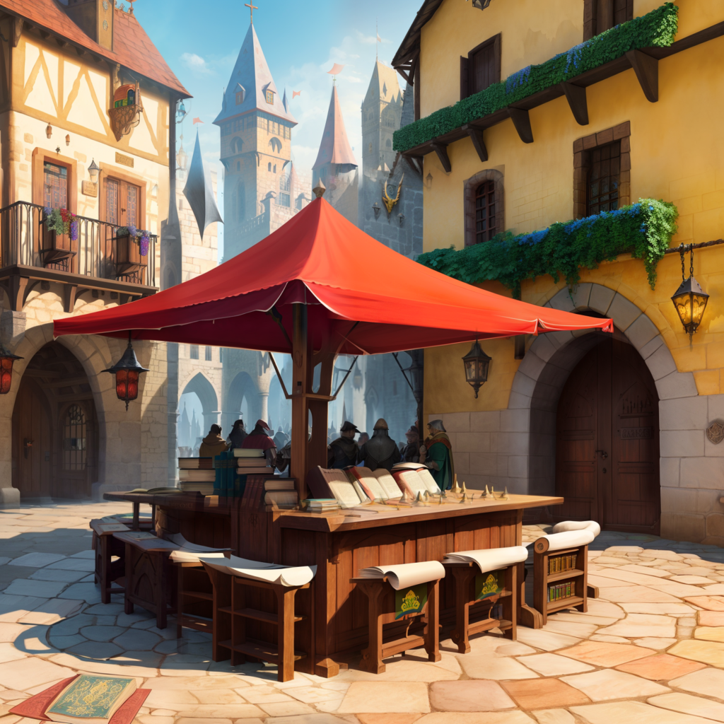 A writing table with multiple seats on a town square.