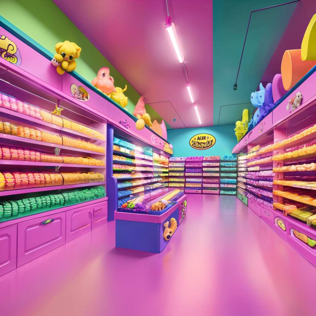 A very colorful store containing items for petplay