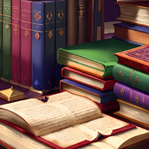 A bunch of fantasy books with one open containing fantasy language words