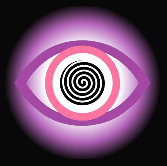 A pink and purple eye with a spiral within