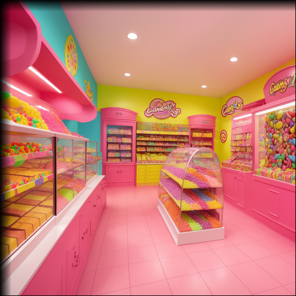 An inside view of a pink candy store with a lot of delicous candy.