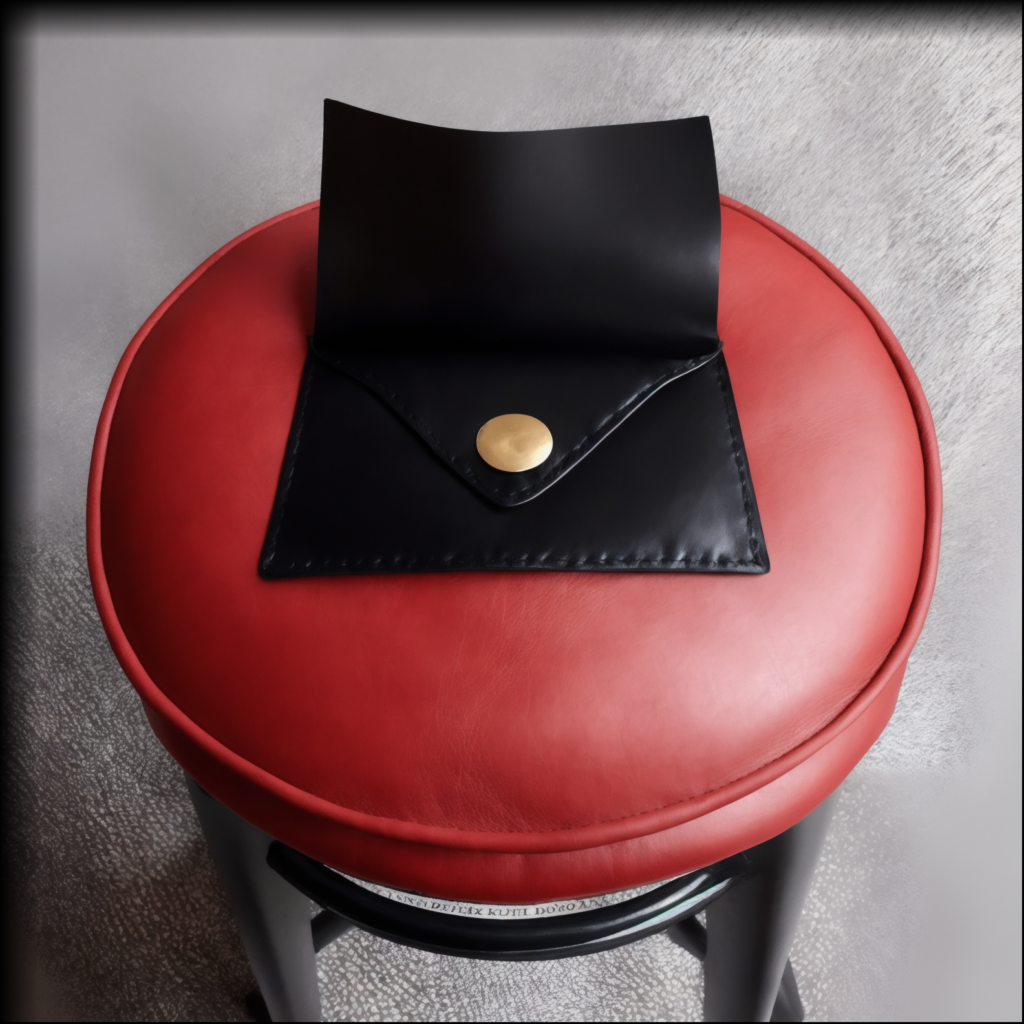 A black envelope on a red leather stool.