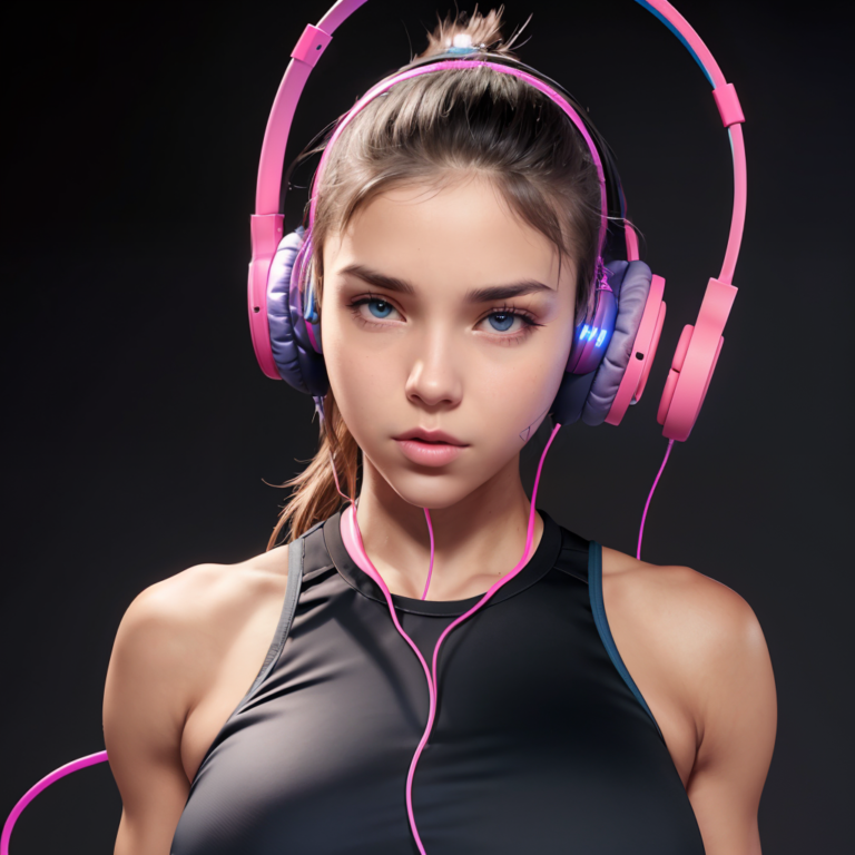 A women wearing pink headphones